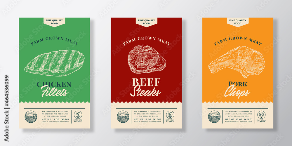 Wall mural meat abstract vector packaging labels design set. modern typography banner, hand drawn chicken fille