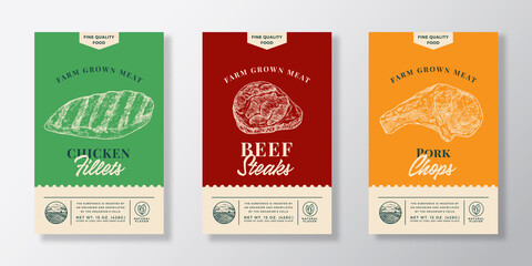Meat Abstract Vector Packaging Labels Design Set. Modern Typography Banner, Hand Drawn Chicken Fillet, Beef Steak and Pork Chops Sketch Silhouettes. Color Paper Background Layouts Collection. Isolated
