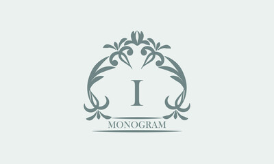 Graceful monogram in gray tones with the inscription and the letter I. Exquisite sign, logo of a restaurant, boutique, hotel, business