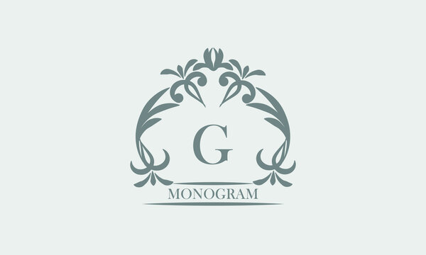Graceful monogram in gray tones with the inscription and the letter G. Exquisite sign, logo of a restaurant, boutique, hotel, business