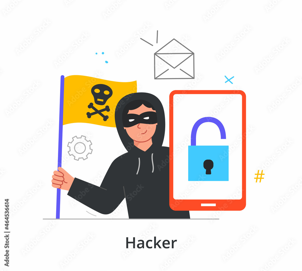 Poster hacker attack concept. man with black mask opens smartphone password and steals user personal data. 