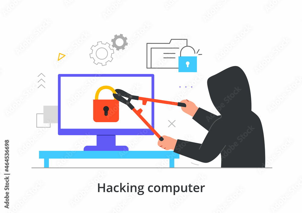 Poster computer hacking concept. fraudster with tool opens lock on screen of digital device. theft of data 