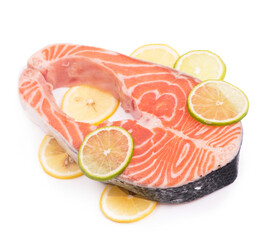 Sliced piece of fish. Steak of red fish on white background