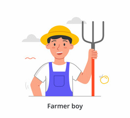 Farmer boy concept. Small child holds rake in his hand to collect leaves and dried grass. Character does housework. Garden tool. Cartoon modern flat vector illustration isolated on white background