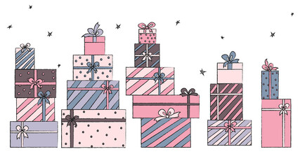 set of pink gift boxes, pink gift boxes, christmas gift boxes, set of christmas gifts, set of vintage christmas icons, birthday gifts	