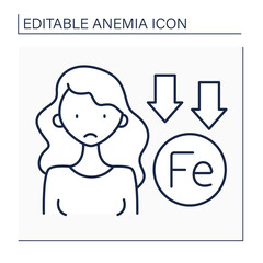 Anemia line icon. Lack of iron in woman immune system. Low life energy.Disease symptom. Health protection concept. Isolated vector illustration. Editable stroke - obrazy, fototapety, plakaty