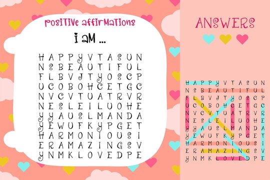 Positive affirmations word search puzzle. Activity game page to attract an audience on social networks. Crossword positive thinking with answers. Find hidden words. Vector poster for social media