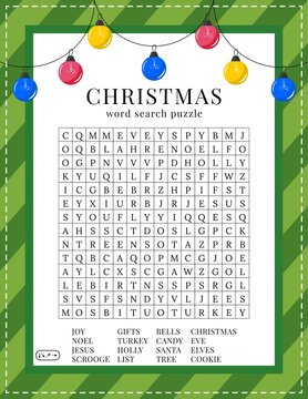 Christmas word search puzzle. Printable worksheet about winter holidays. Educational crossword game for children and adults. Party card. Page for learning English. Xmas vector illustration with lights