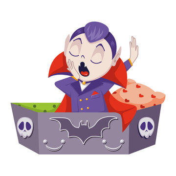 Count Dracula for halloween. Vampire waking up to coffin. Vector flat cartoon illustration