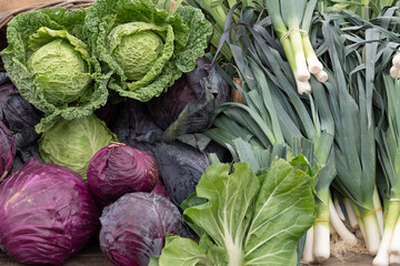 Various cabbage and leeks from the farm market. Fresh and organic.