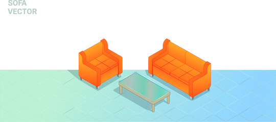 Sofa Vector with table orange colored leather isometric 3D illustration.