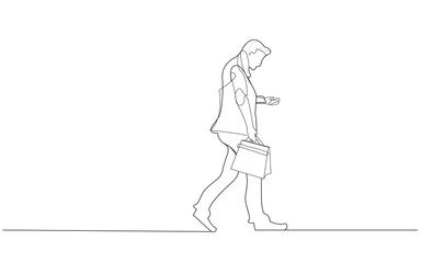 Fototapeta premium Businessman walking and typing sms message on cell phone. Man walking for marketing, poster, travel agency and magazine. Creative business concept, vector illustration