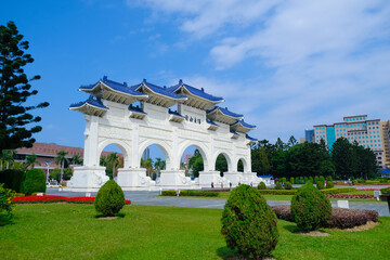 The main gate of National Taiwan Democracy Square of Chiang Kai-Shek Memorial Hall on a sunny day. The meaning of the chinese text on the gate is “liberty square”