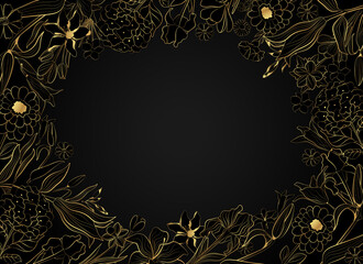 Vector poster with golden flowers and plants in style on a black background. Flowers in line art style.

