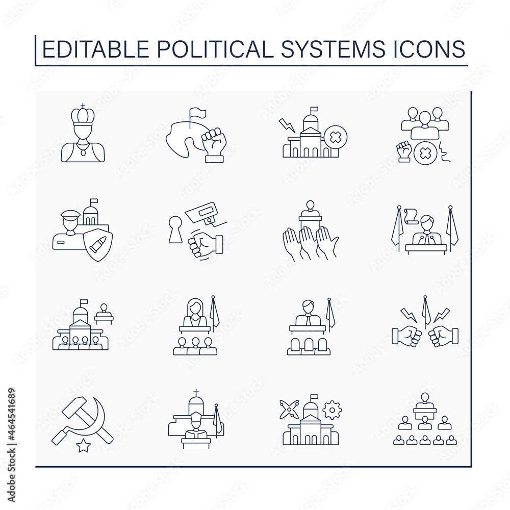 Poster political systems line icons set. orderly multi faceted system of state and non state relations and 