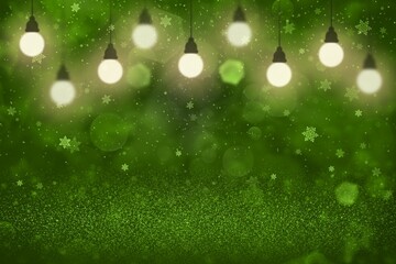 green beautiful shiny glitter lights defocused bokeh abstract background with light bulbs and falling snow flakes fly, festival mockup texture with blank space for your content