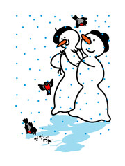 Cute Christmas Snowmen on skates. Vector set of funny snowmen on a white background. Doodle style