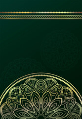 Ethnic mandala ornament. Ornamental ethnic banner. Green mandala background with golden pattern