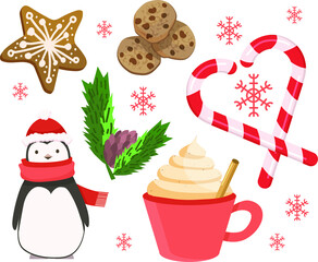 Big set of Christmas gingerbread cookies with icing, snowflakes, sweets, Christmas tree decoration elements and other sweets Vector illustration.
