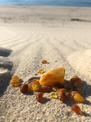 amber on the sand on baltic seashore - obrazy, fototapety, plakaty
