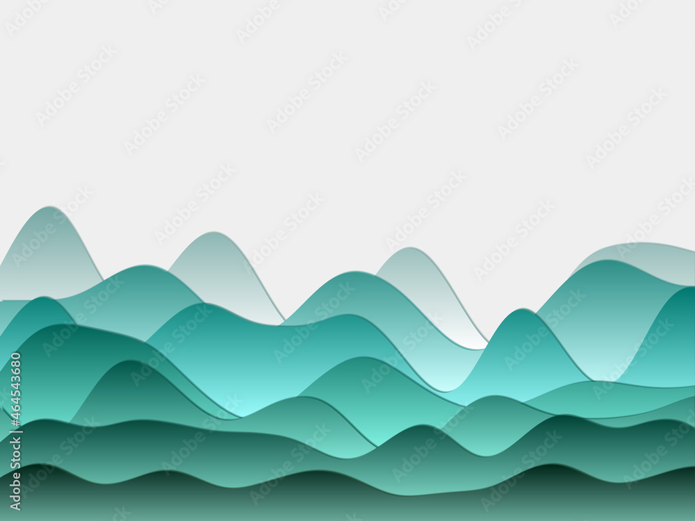 Poster abstract mountains background with curved layers in teal colors, featuring a papercut style. superb 