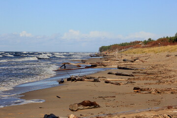 Seascape during a storm with large waves, Carnikava, Latvia. Big and powerful sea waves during the storm 