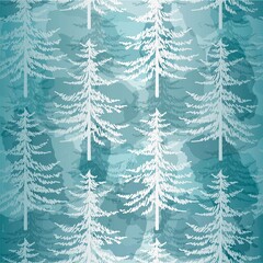 Fototapeta premium Christmas tree seamless vector pattern. Watercolor Noel firs print, winter frozen pine trees on blue background, wallpaper, wrapping paper design