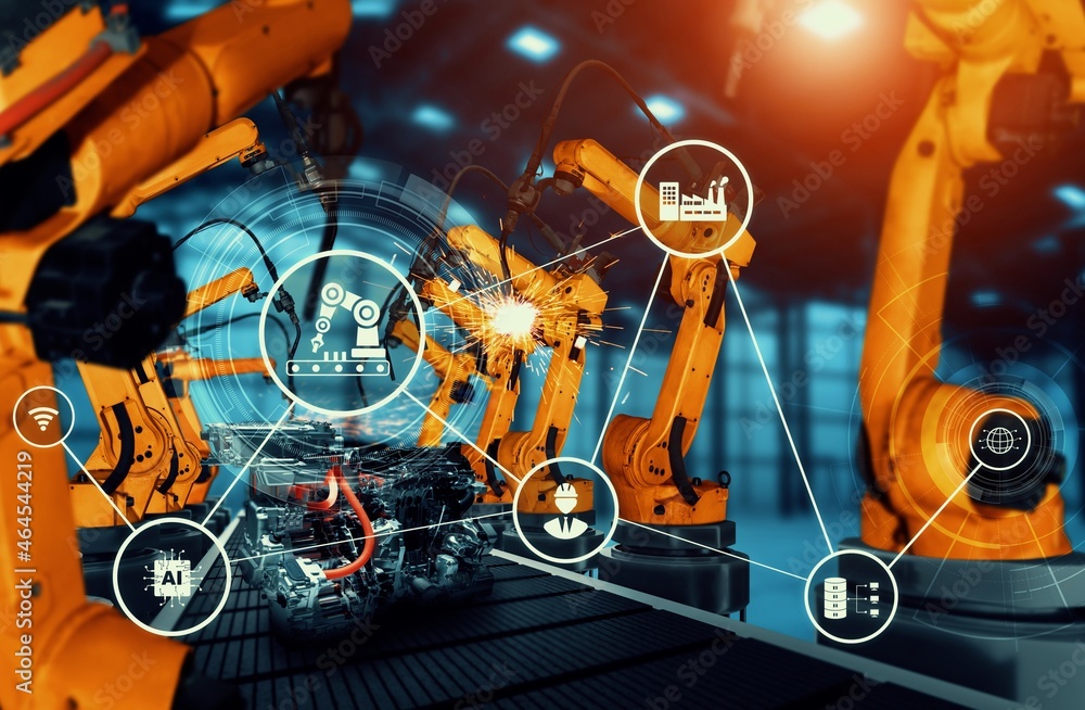 Aufkleber mechanized industry robot arm for assembly in factory production line . concept of artificial intell