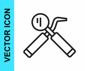 Black line Dental inspection mirror and probe icon isolated on white background. Explorer scaler. Tool dental checkup. Vector