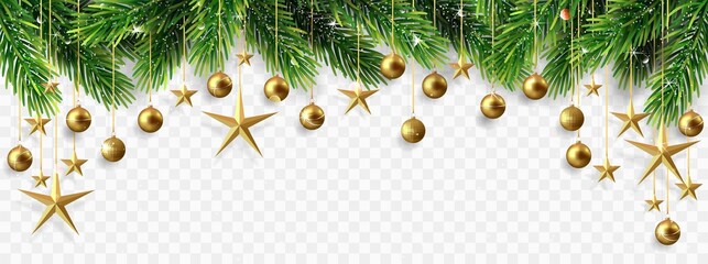 Christmas banner with fir branches, stars and christmas balls isolated on transparent background.	
