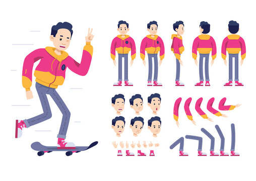 Little boy skateboarder collection for animation. Young character with different positions of arms, legs, feet, and head. Child in sports clothes. Cartoon flat vector set isolated on white background