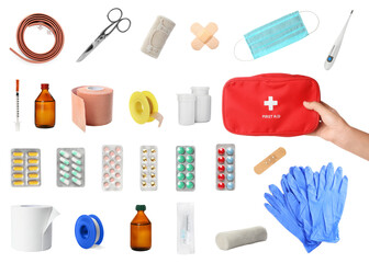 First aid kit. Set with different medical supplies on white background