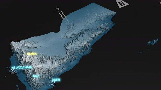 Seamless looping animation of the 3d terrain map at nighttime of Yemen with the capital and the biggest cites in 4K resolution