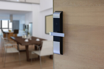 Digital door lock for house, hotel or apartment door. Electronic door handle for smart life style. Selective focus