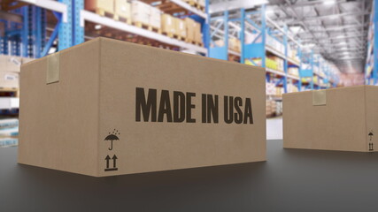 Boxes with MADE IN USA text on conveyor. American goods related. 3d rendering