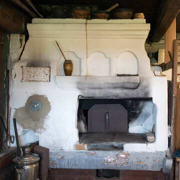 Russian stove. Interior of old russian home with traditional oven