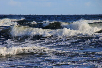 Seascape during a storm with big waves, close-up, Carnikava, Latvia. Big and powerful sea waves during the storm 