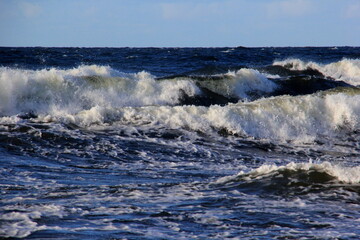 Seascape during a storm with big waves, close-up, Carnikava, Latvia. Big and powerful sea waves during the storm 