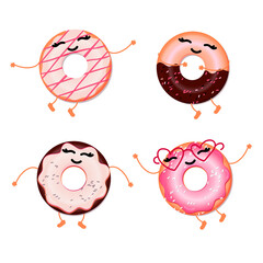 Fototapeta premium A set of funny cute donuts on a white background. Cartoon-style character icons.