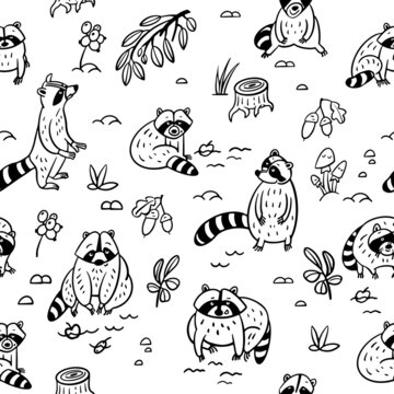 Seamless black and white pattern. Cute raccoons in forest. Vector illustration isolated on white background.
