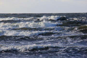 Seascape during a storm with big waves, close-up, Carnikava, Latvia. Big and powerful sea waves during the storm 