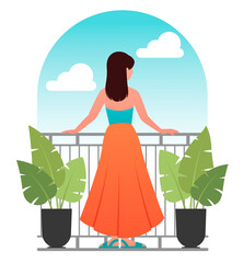 Woman on balcony concept. Female character in hotel room admires seascapes. Rest and vacation in sunny country. Happy young girl. Cartoon flat vector illustration isolated on white background