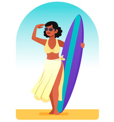 Female surfer concept. Young girl in yellow swimsuit holds board and looks into distance. Holidays and vacations in sunny countries. Cartoon flat vector illustration isolated on white background