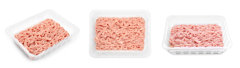 Set with fresh raw chicken minced meat on white background. Banner design