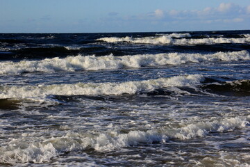 Seascape during a storm with big waves, close-up, Carnikava, Latvia. Big and powerful sea waves...