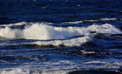 Seascape during a storm with big waves, close-up, Carnikava, Latvia. Big and powerful sea waves during the storm 