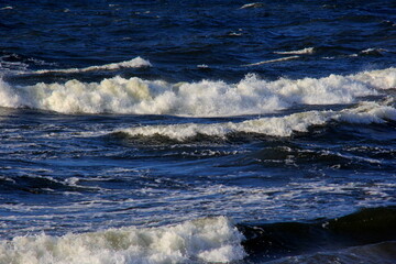 Seascape during a storm with big waves, close-up, Carnikava, Latvia. Big and powerful sea waves during the storm 