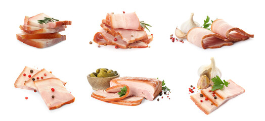 Delicious smoked bacon on white background, collage. Banner design