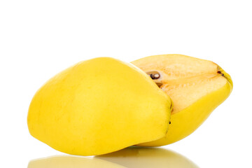 Two half ripe organic quince, close-up, isolated on white.