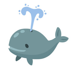 Cute funny whale with water fountain. Marine animal. Funny blue sperm whale. Children drawing in Scandinavian style